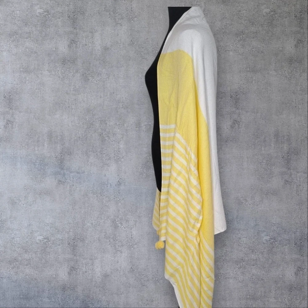 NWT J Crew Womens Yellow White Pompom Trim Cape Scarf Coverup Beachy New Modal‎